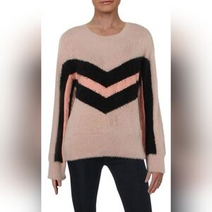 Vince Camuto Rose Pink & Black Chevron Fuzzy Knit Sweater, Size M